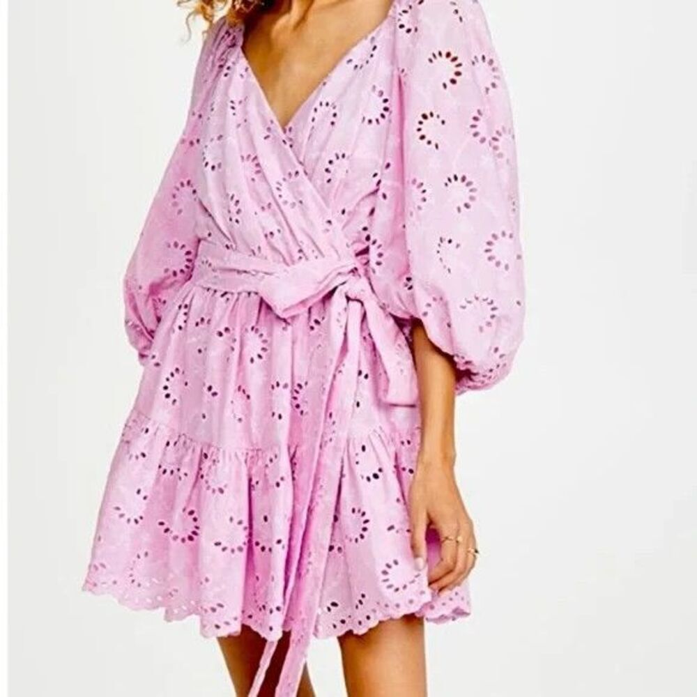 Charina Sarte Lila Embroidered Eyelet Dress Surplice Wrap Pink Lilac